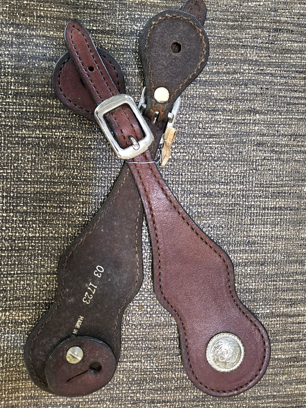 Classic Men's Leather Spur Straps in Brown with Concho Detail